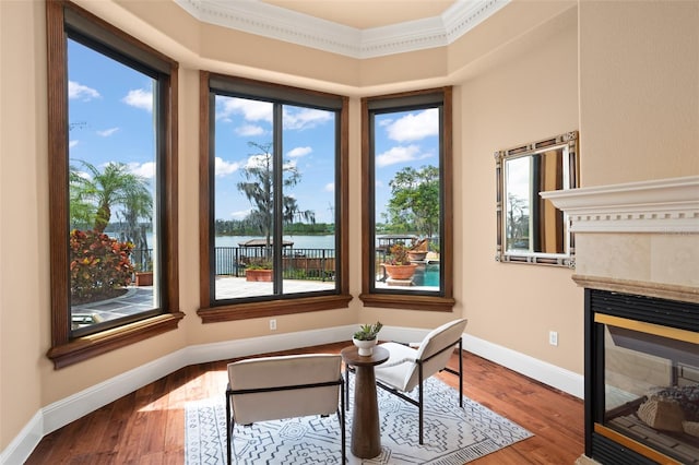 sitting room featuring a water view, dark hardwood / wood-style flooring, a tiled fireplace, and a wealth of natural light