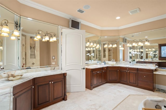 bathroom with tile flooring, oversized vanity, and ornamental molding