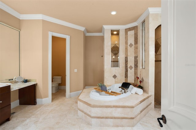 bathroom with toilet, a relaxing tiled bath, tile floors, and vanity