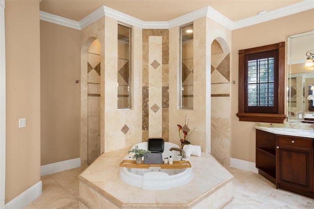 bathroom featuring tile flooring, large vanity, and ornamental molding