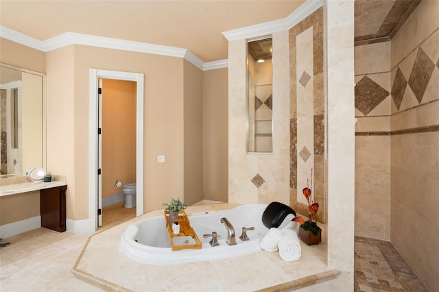 bathroom featuring a relaxing tiled bath, tile flooring, crown molding, and toilet