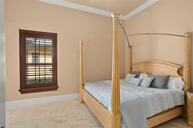 tiled bedroom with crown molding