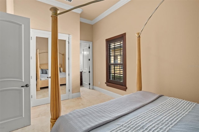 bedroom featuring crown molding and light carpet