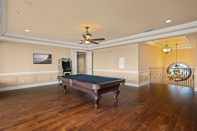 recreation room with ceiling fan, pool table, dark hardwood / wood-style floors, and a raised ceiling