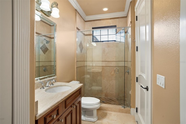 bathroom with vanity, crown molding, a shower with door, and toilet