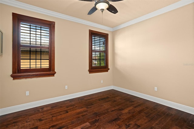 unfurnished room featuring ceiling fan, crown molding, and dark wood-type flooring