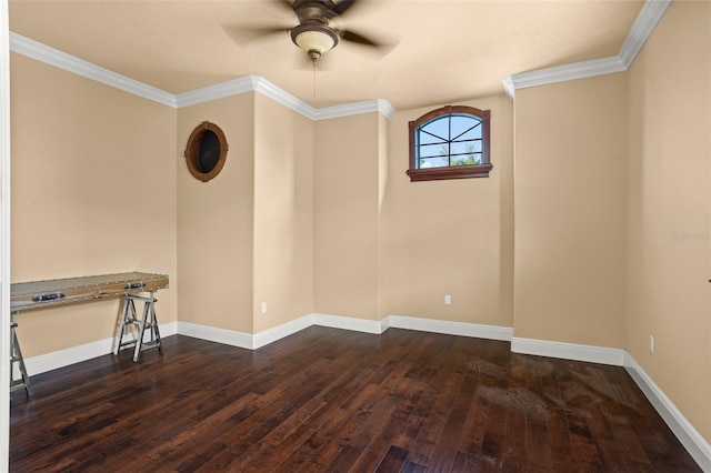 empty room featuring crown molding, a textured ceiling, ceiling fan, and dark wood-type flooring