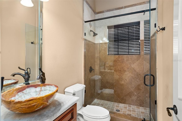 bathroom with walk in shower, toilet, and vanity