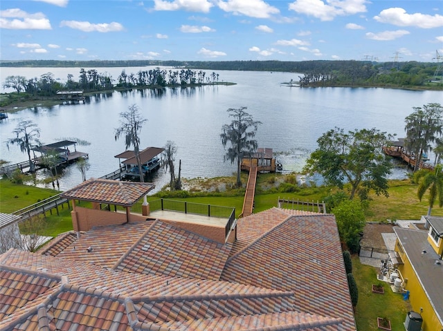 aerial view featuring a water view