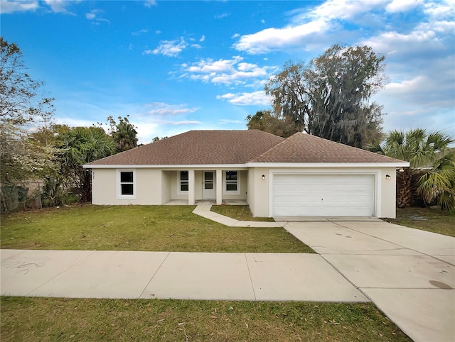 ranch-style house with a front lawn and a garage