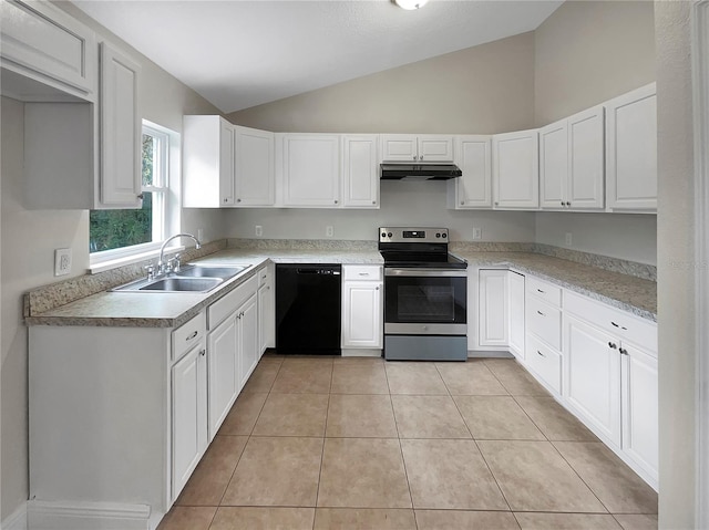 kitchen with electric stove, sink, white cabinets, and dishwasher