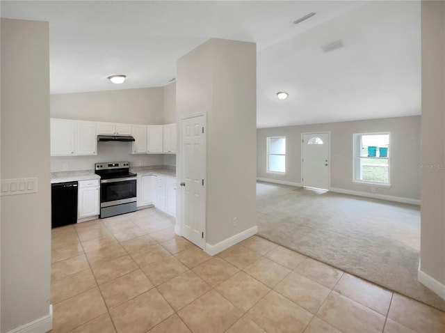 kitchen featuring black dishwasher, light tile flooring, white cabinetry, and electric range