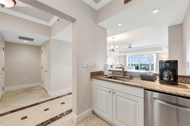 kitchen featuring sink, ceiling fan with notable chandelier, white cabinetry, dishwasher, and light stone countertops