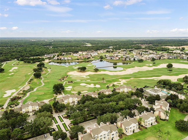 bird's eye view featuring view of golf course, a water view, and a residential view