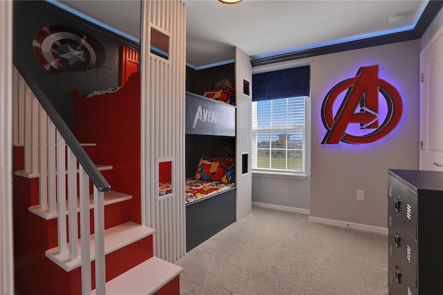 carpeted bedroom featuring crown molding