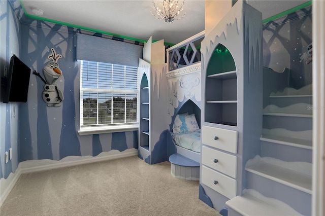 unfurnished bedroom with light carpet, a notable chandelier, and a textured ceiling