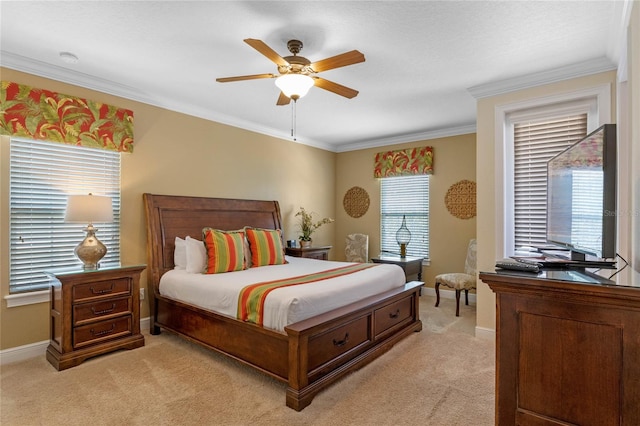 bedroom featuring light carpet, ceiling fan, and ornamental molding