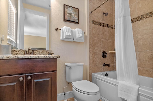 full bathroom with toilet, shower / bathtub combination with curtain, and large vanity