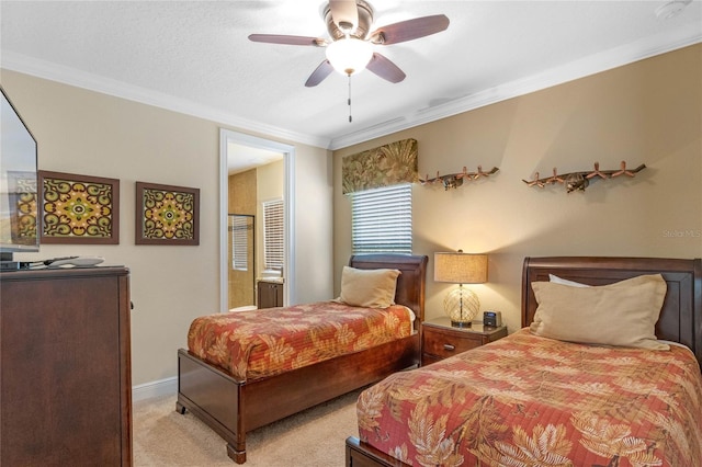 bedroom with ceiling fan, crown molding, light colored carpet, and a textured ceiling