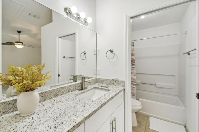 full bathroom featuring ceiling fan, tile patterned flooring, toilet, vanity, and shower / tub combo