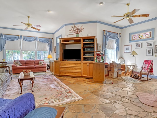 tiled living room featuring ornamental molding and ceiling fan