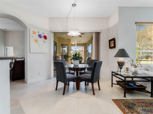 tiled dining room featuring a healthy amount of sunlight and ceiling fan