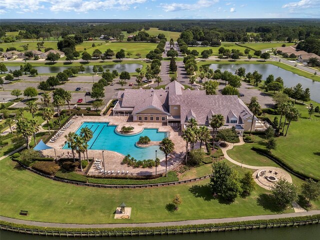 drone / aerial view featuring a water view