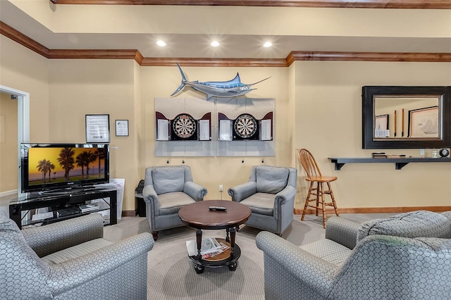 living room featuring crown molding and carpet