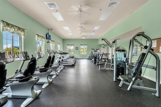 workout area with ceiling fan