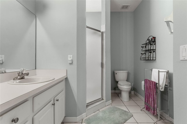 bathroom featuring tile patterned flooring, vanity, a shower with door, and toilet