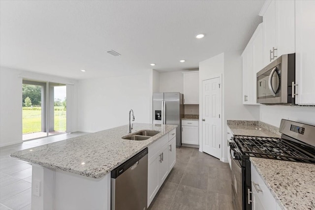 kitchen with white cabinets, sink, a kitchen island with sink, and appliances with stainless steel finishes