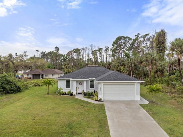 ranch-style home with a front lawn and a garage