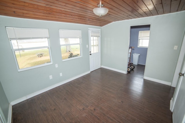 interior space with dark wood-type flooring, wood ceiling, and lofted ceiling