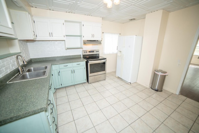 kitchen featuring extractor fan, stainless steel electric stove, sink, white refrigerator with ice dispenser, and white cabinets