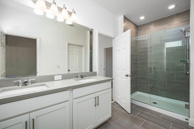 bathroom with vanity, a textured ceiling, and walk in shower