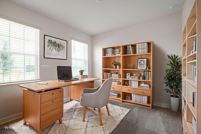 home office featuring light colored carpet