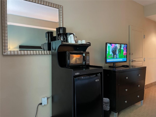 interior space with light colored carpet and dark brown cabinets