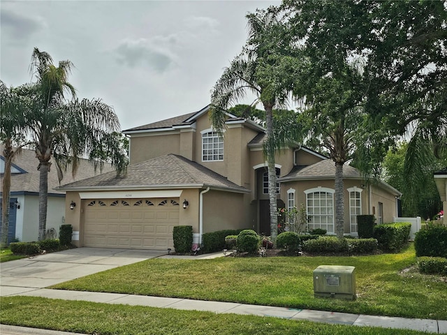 view of front facade featuring a garage and a front lawn