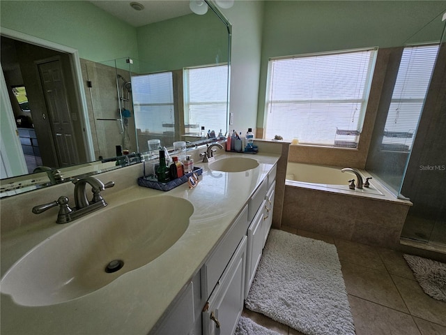 bathroom with vanity, tile patterned floors, and independent shower and bath