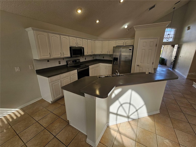 kitchen with white cabinetry, black / electric stove, stainless steel fridge with ice dispenser, and light tile patterned flooring