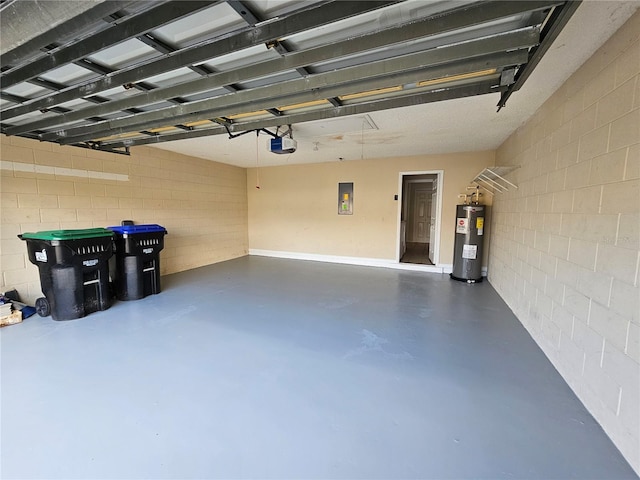 garage featuring a garage door opener, electric panel, and electric water heater