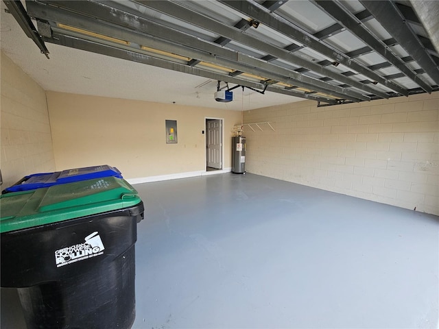 garage with a garage door opener, electric panel, and electric water heater