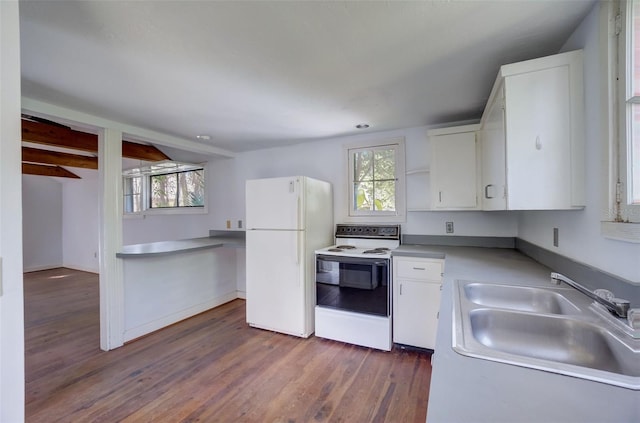 kitchen featuring white appliances, beam ceiling, dark hardwood / wood-style flooring, sink, and white cabinetry