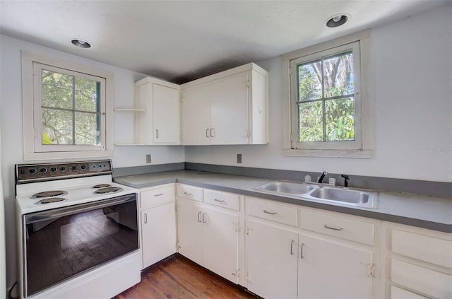 kitchen featuring white cabinets, dark wood-type flooring, plenty of natural light, and white range with electric stovetop