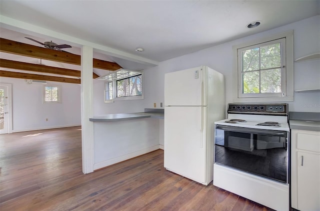 kitchen featuring dark hardwood / wood-style flooring, ceiling fan, beam ceiling, white cabinets, and white appliances