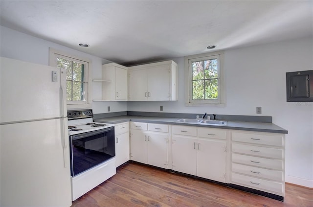 kitchen with wood-type flooring, sink, white cabinetry, and white appliances