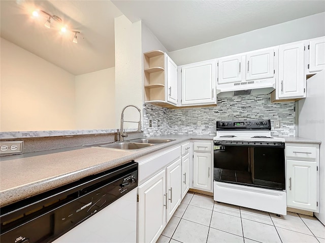 kitchen with white appliances, sink, wall chimney exhaust hood, light tile floors, and tasteful backsplash