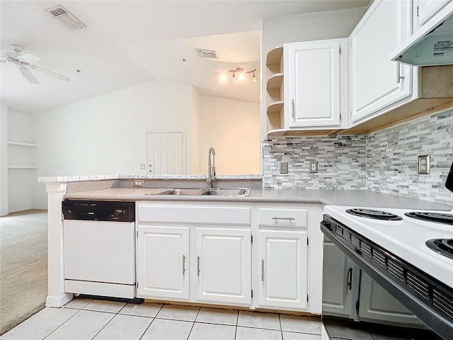 kitchen with light tile floors, ceiling fan, white appliances, white cabinetry, and sink