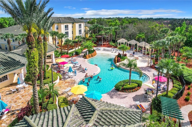 view of swimming pool featuring a patio