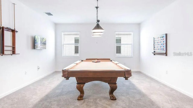 playroom featuring billiards, light colored carpet, and a healthy amount of sunlight